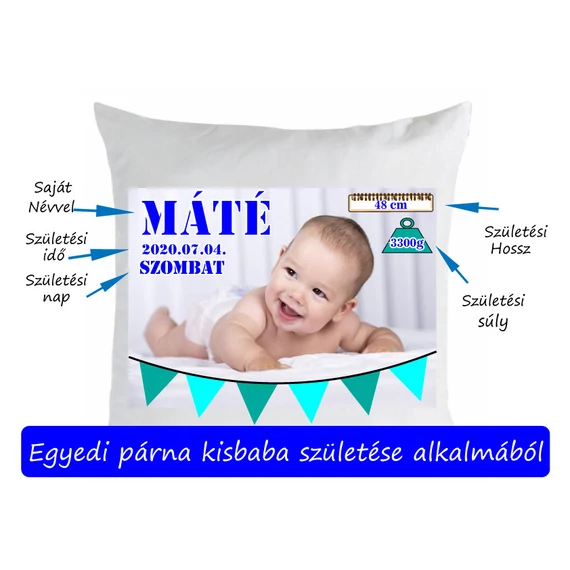 Egyedi fiús párna kisbaba születése alkalmából