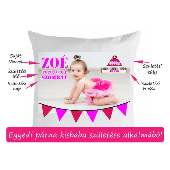 Egyedi lányos párna kisbaba születése alkalmából