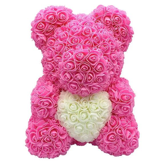 Rózsa maci - Rózsaszín fehér szívvel 40cm, Rózsa maci - Rózsaszín fehér szívvel 40cm