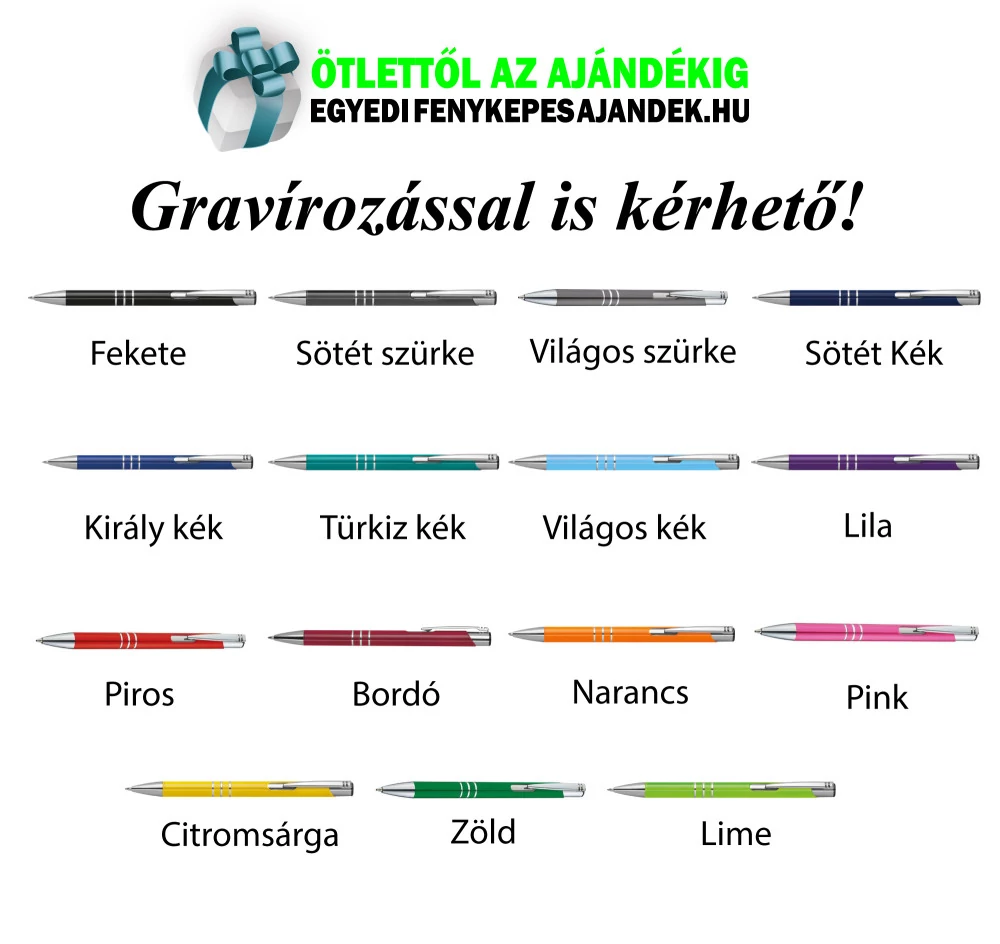 Gyűrűs fém toll, többféle színben, egyedi gravírozással is kérhető
