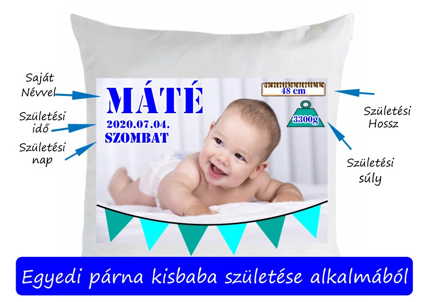 Egyedi fiús párna kisbaba születése alkalmából
