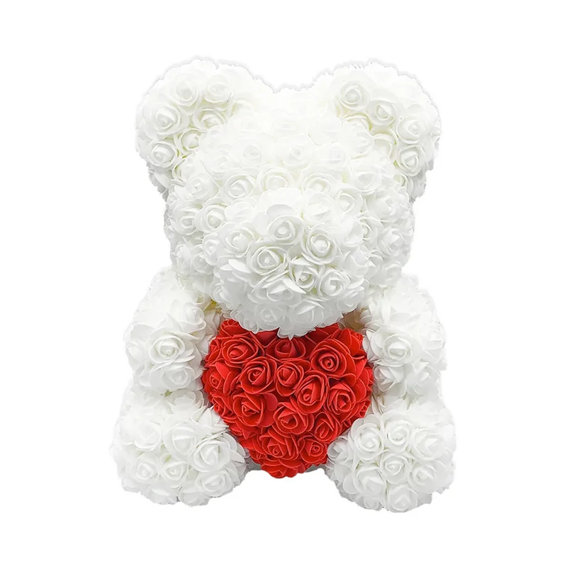 Rózsa maci - Fehér piros szívvel szívvel 40cm, Rózsa maci - Fehér piros szívvel szívvel 40cm