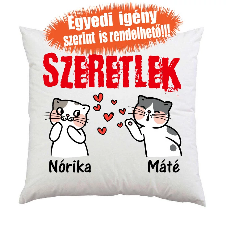 Valentin Napi Ajándék - Évfordulós Ajándék - Szerelmes ajándék - Szeretlek - Cicás díszpárna